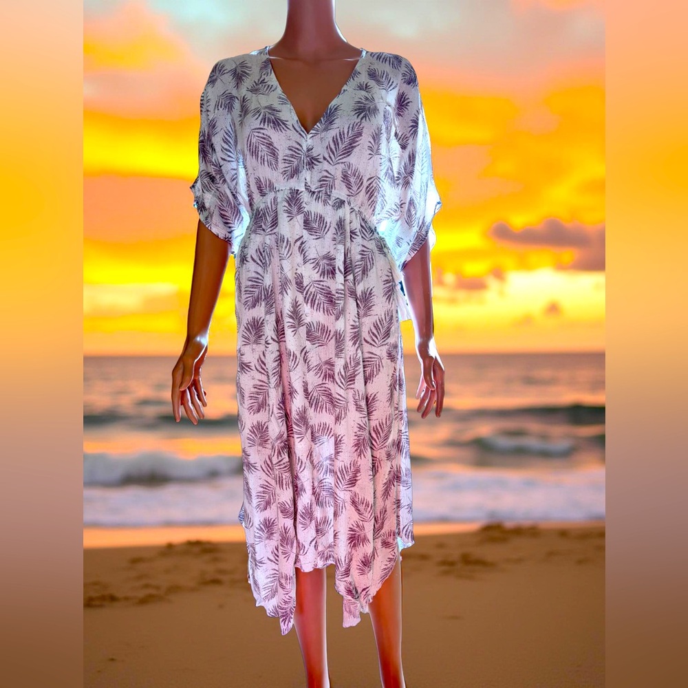 Millibon V-Neck Button Summer Tea Dress White Brown Small